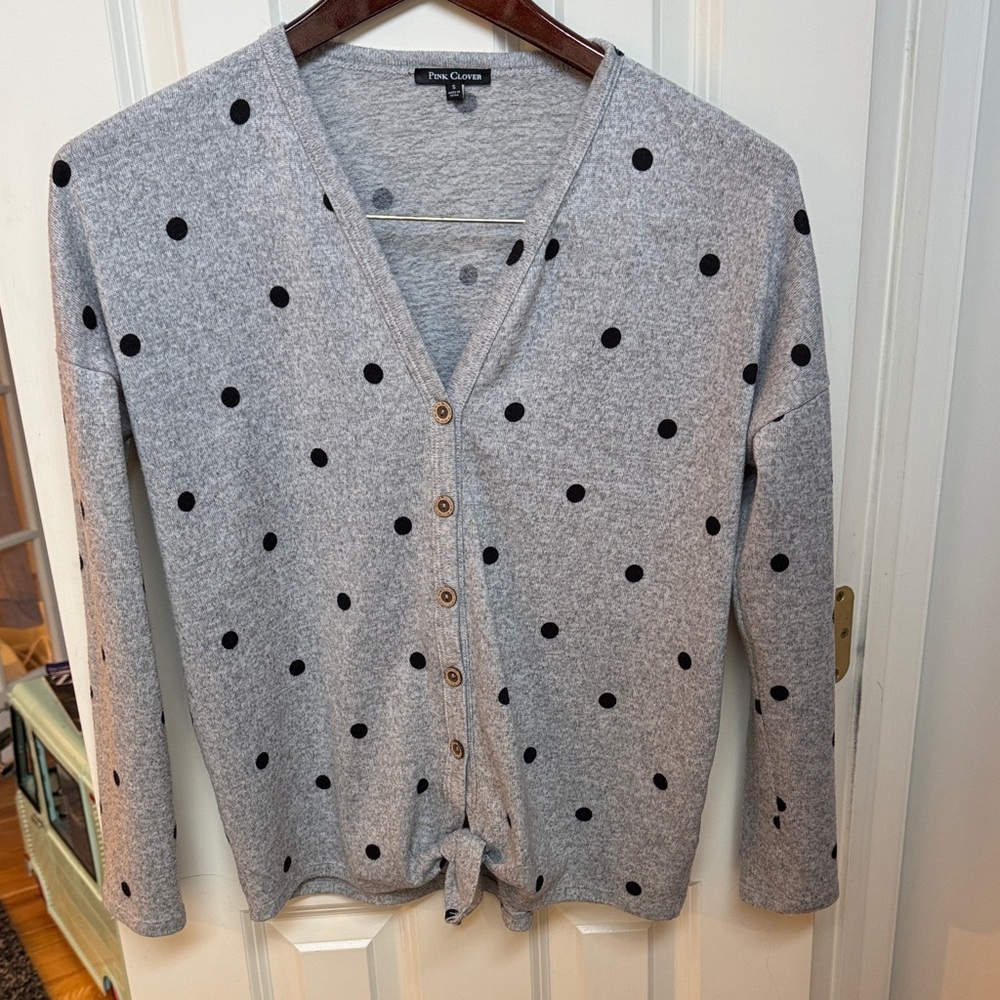 Pink Clover Gray Polka Dot Cardigan Size M Button Front Tie Hem